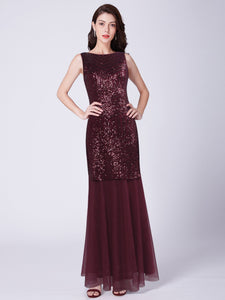 Long Burgundy Print Sequin Chiffon Fishtail  Evening Dresses EZ