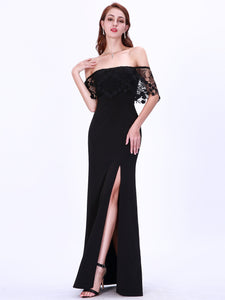 Long Off Shoulder Black Lace Formal Evening Dresses EZ