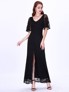 A Line V Neck Flare Sleeve Lace Evening Dress With Split EZ