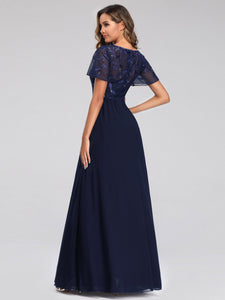 Floral Lace Sequin Print Evening Dresses  with C Sleeve EZ