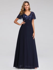 Floral Lace Sequin Print Evening Dresses  with C Sleeve EZ