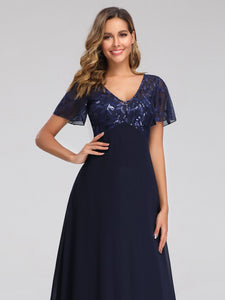 Floral Lace Sequin Print Evening Dresses  with C Sleeve EZ