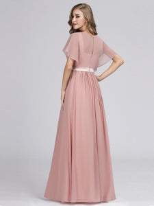 A Line Short Sleeve Long Chiffon Bridesmaid Dresses F