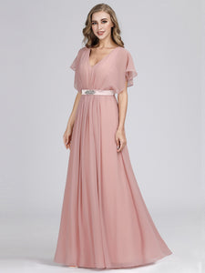 A Line Short Sleeve Long Chiffon Bridesmaid Dresses F