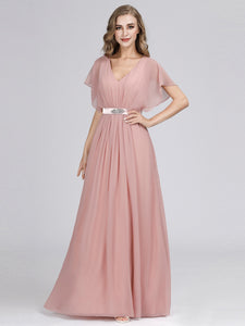 A Line Short Sleeve Long Chiffon Bridesmaid Dresses F