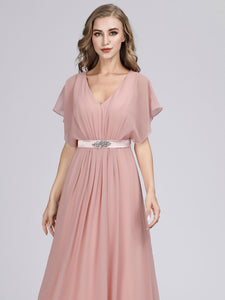 A Line Short Sleeve Long Chiffon Bridesmaid Dresses F