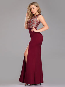 Floral Sequin Print Burgundy Prom Dresses EZ