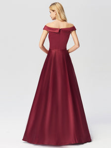 Long Burgundy Satin Off Shoulder  Prom Gown Dresses EZ