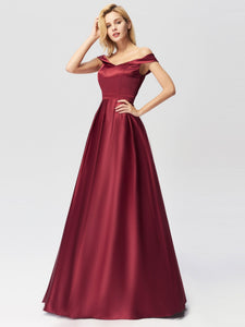 Long Burgundy Satin Off Shoulder  Prom Gown Dresses EZ