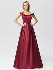 Long Burgundy Satin Off Shoulder  Prom Gown Dresses EZ