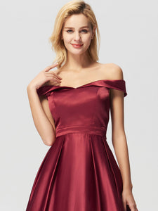 Long Burgundy Satin Off Shoulder  Prom Gown Dresses EZ