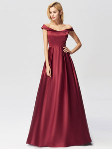 Long Burgundy Satin Off Shoulder  Prom Gown Dresses EZ