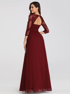 Maxi Long Burgundy Dresses with Lace Sleeve EZ