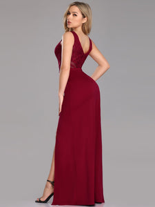 Sexy V Link Burgundy Evening Dresses with Side Split EZ