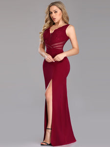 Sexy V Link Burgundy Evening Dresses with Side Split EZ