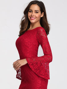 Long Flare Sleeve Lace Mermaid Evening Party Dresses EZ