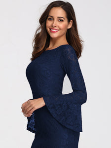 Long Flare Sleeve Lace Mermaid Evening Party Dresses EZ