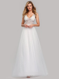 V-Neck See-through Flower Decorated Floor-Length Wedding Dresses EZ