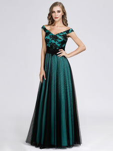 Open V Neck Floor Length Mesh Prom Dresses for  EZ