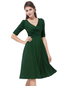 Sexy V-neck Green  Sleeve High Stretch Short Cual Dress HE