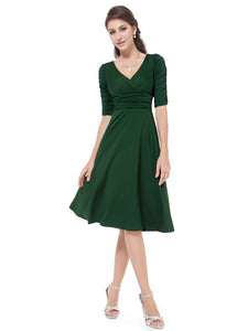 Sexy V-neck Green  Sleeve High Stretch Short Cual Dress HE