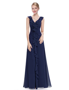 Stylish Ruffled Navy Blue Sleeveless V-neck Maxi Party Dress HE