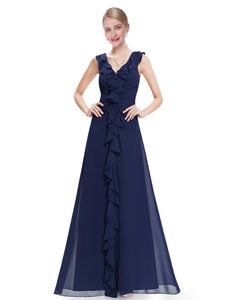 Stylish Ruffled Navy Blue Sleeveless V-neck Maxi Party Dress HE