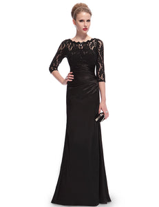 Sheer Sleeves Lace Scalloped Neckline  Long Black Evening Dress HE