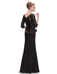 Sheer Sleeves Lace Scalloped Neckline  Long Black Evening Dress HE