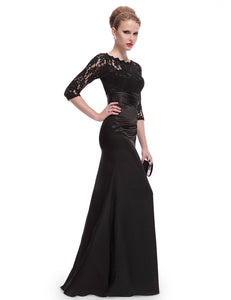 Sheer Sleeves Lace Scalloped Neckline  Long Black Evening Dress HE