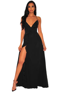 Sexy Straps Ruffles Slit Wrap Evening Dress