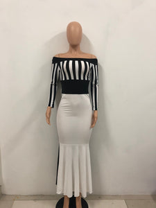 White and Black Off Shoulder Mermaid Evening Dress