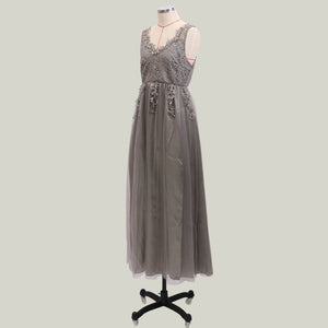 Grey Applique Mesh Evening Dress