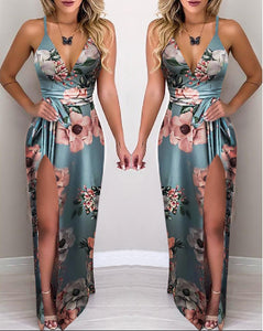 Floral Blue Straps Slit Evening Dress