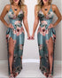 Floral Blue Straps Slit Evening Dress